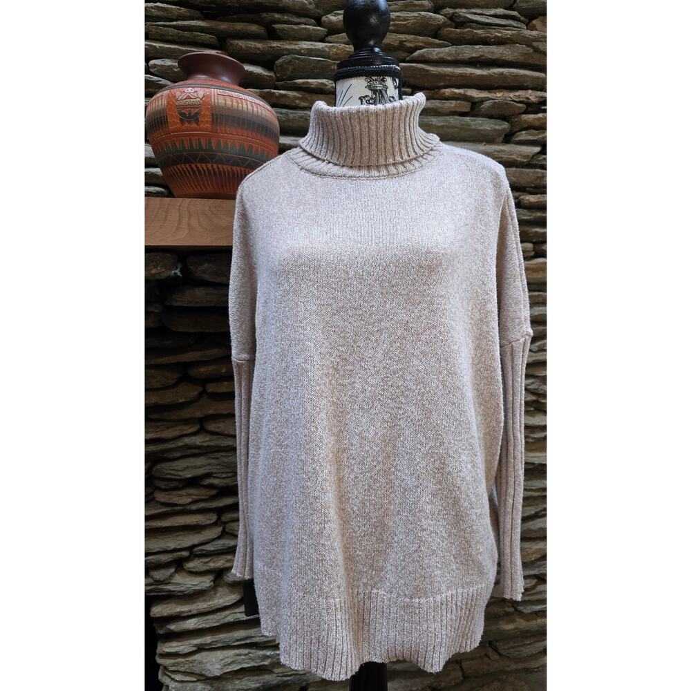 Tan Turtleneck Sweater with Ribbed Sleeves